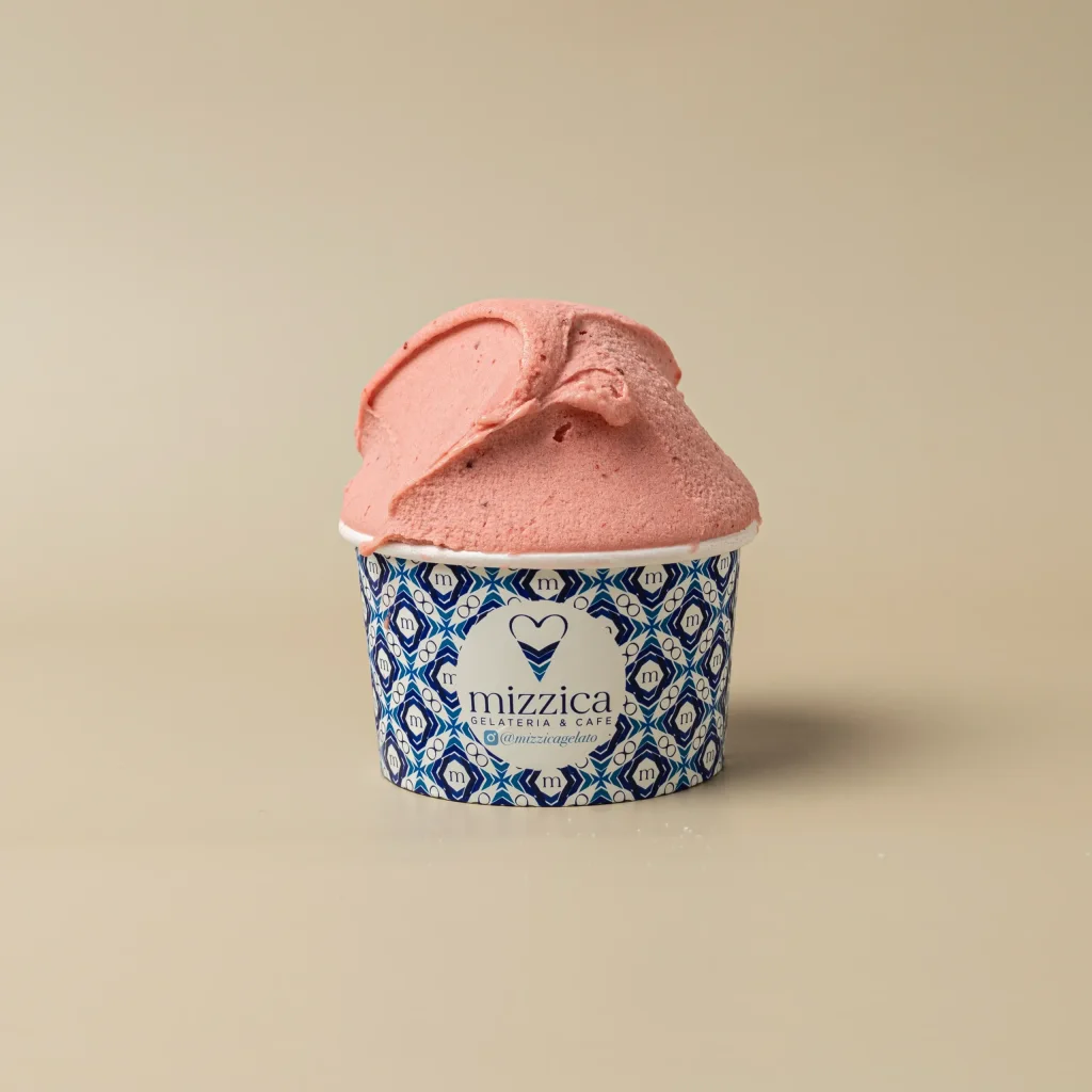 Fragola (Strawberry) gelato in a Mizzica cup